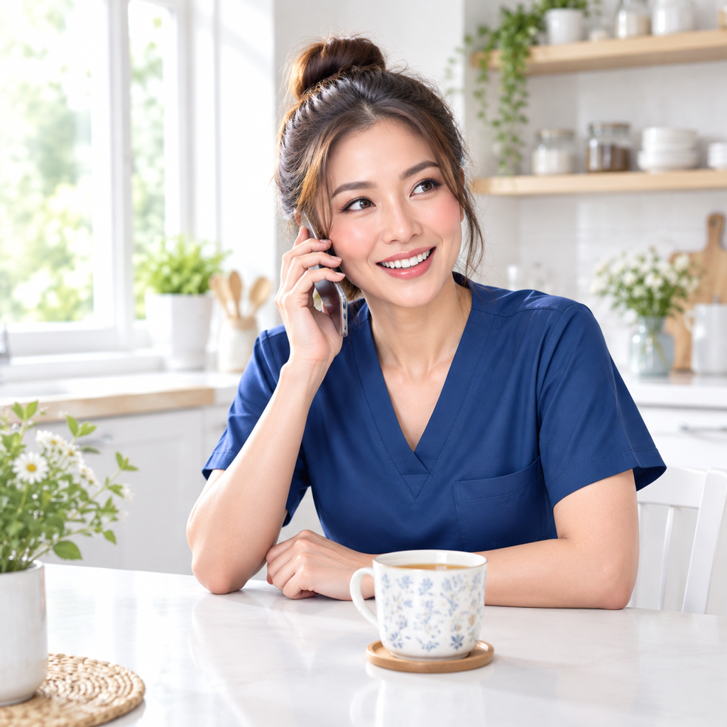 Thai woman chatting comfortably on her phone at a bright home table