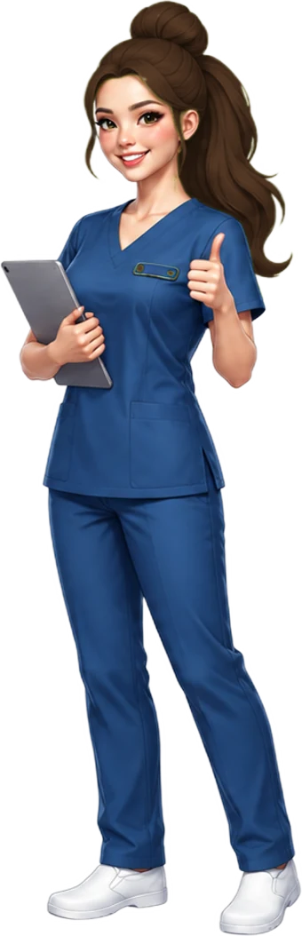 Curo nurse assistant mascot in navy scrubs with dark brown bun hair, smiling warmly